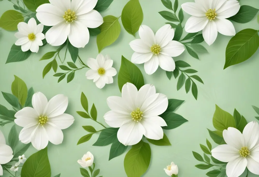White Flowers And Green Leaves On A Light Green Textured Background Floral Arrangement Spring Theme Fresh And Vibrant Nature Inspired Design 58 F676