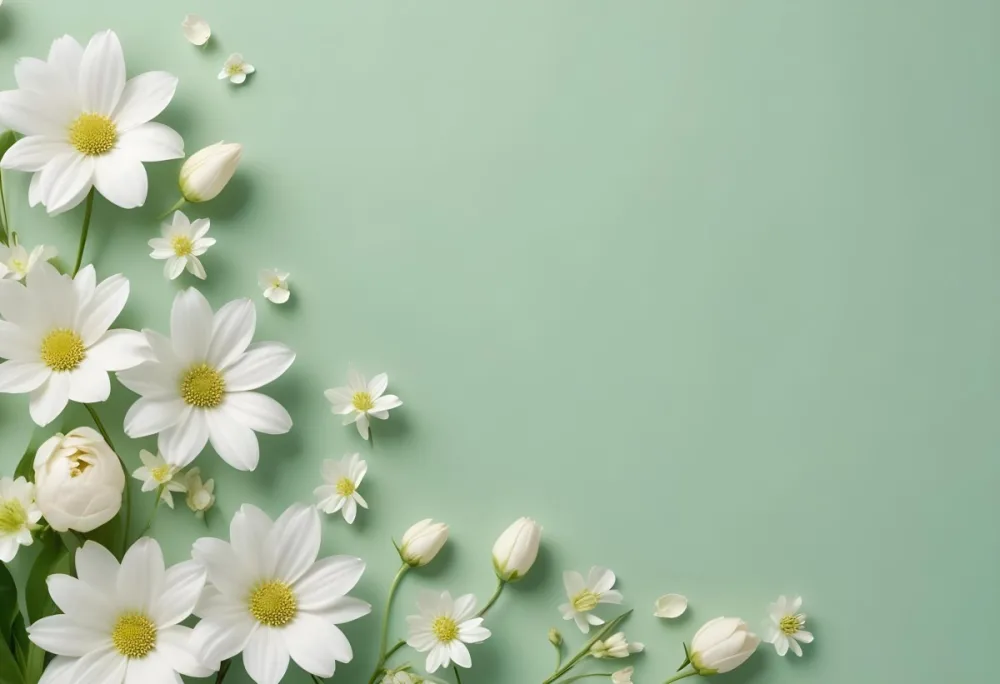 White Flowers And Petals On A Light Green Background Floral Arrangement Soft Lighting Minimalist Composition Fresh And Delicate Spring Theme Clean Aesthetic 70 896a