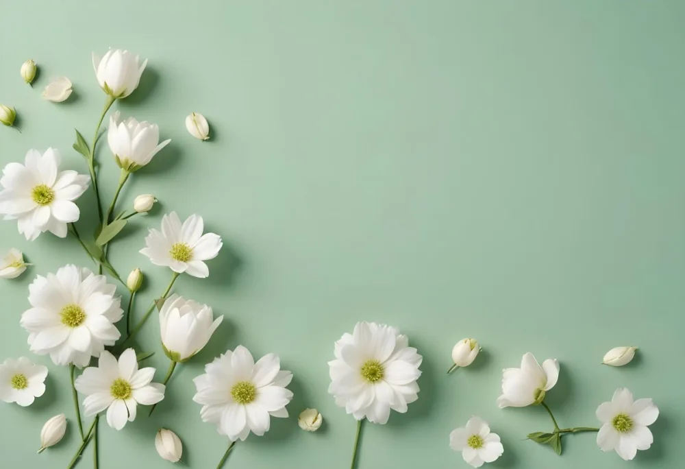 White Flowers And Petals On A Light Green Background Floral Arrangement Soft Lighting Minimalist Composition Fresh And Delicate Spring Theme Clean Aesthetic 71 8ac3