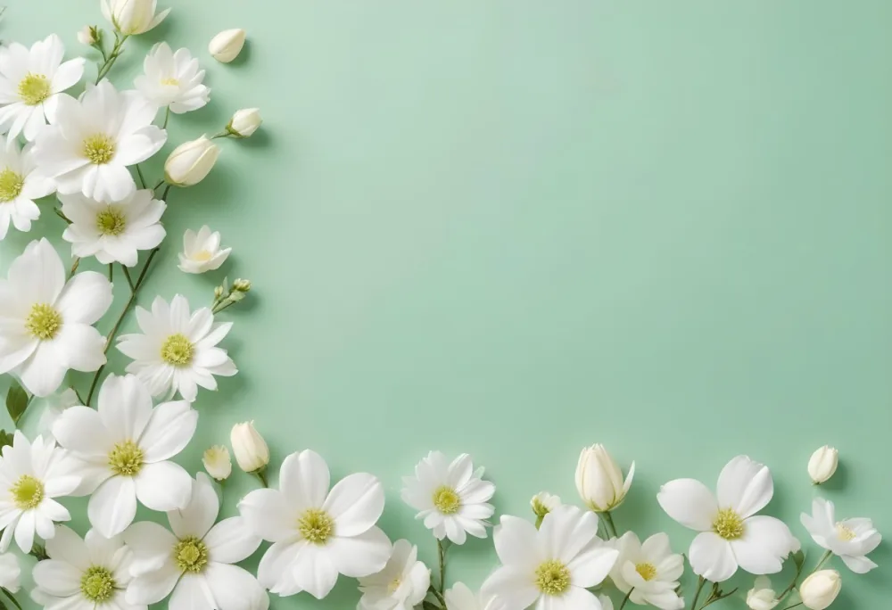 White Flowers And Petals On A Light Green Background Floral Arrangement Soft Lighting Minimalist Composition Fresh And Delicate Spring Theme Clean Aesthetic 8 A136