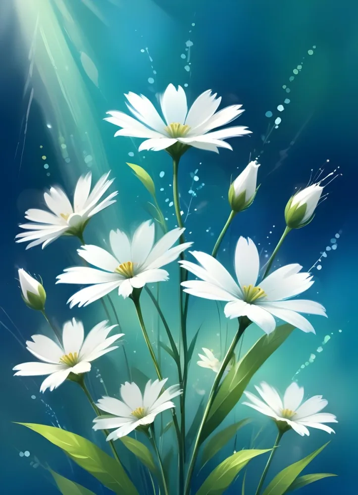 White Flowers With Blue Stems On A Blue And Green Background With Bokeh Effect And Light Rays 13 D8b8