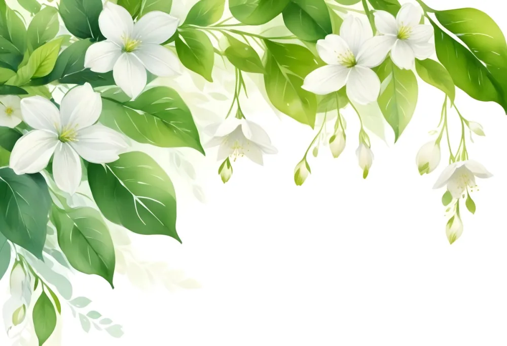 White Flowers With Green Leaves Floral Arrangement Botanical Illustration Soft Lighting Watercolor Style Delicate Details Fresh And Vibrant Nature Inspired Elegant Composition Bright Background 7 9764