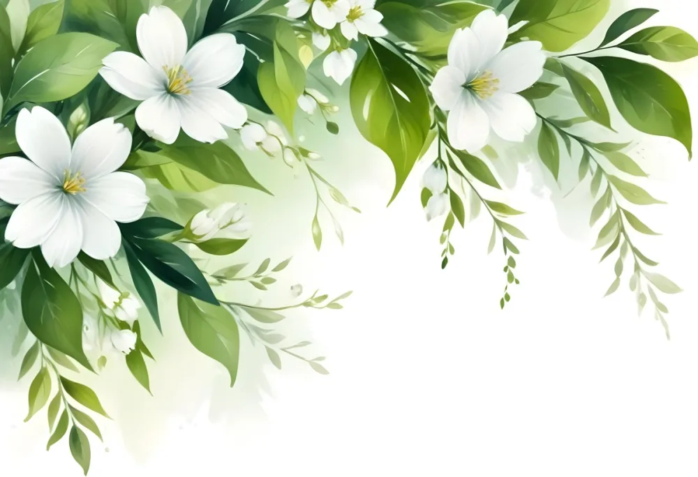 White Flowers With Green Leaves Floral Arrangement Botanical Illustration Soft Lighting Watercolor Style Delicate Details Fresh And Vibrant Nature Inspired Elegant Composition Bright Background 8 A8bf