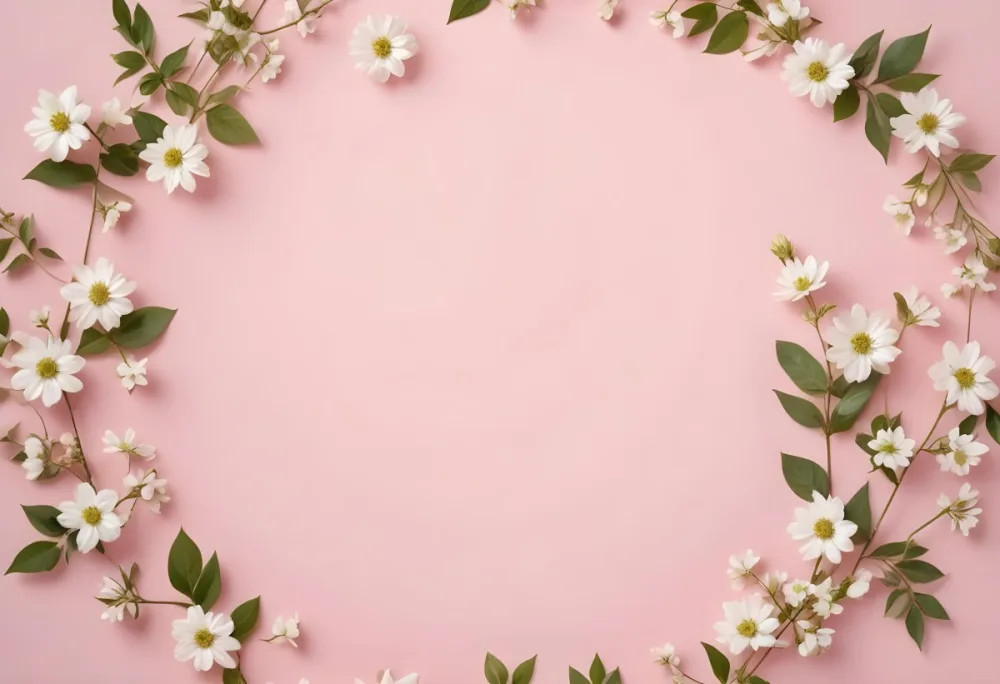 White Flowers With Green Leaves Forming A Circle Around A Pink Background Floral Arrangement Soft Lighting Minimalist Composition Spring Theme Fresh Blossoms Pastel Colors 12 4eae