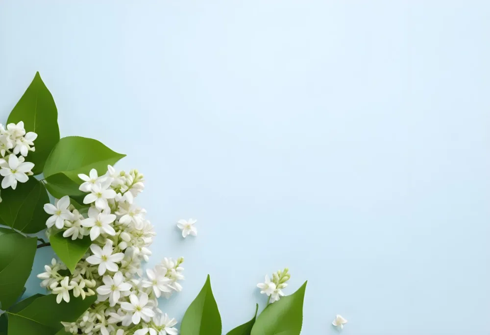 White Lilac Flowers With Green Leaves On A Light Blue Background Top View Soft Lighting Clean Composition Minimalist Style Fresh And Vibrant 20 Cdaa
