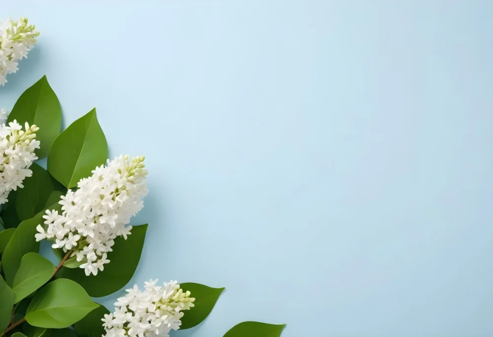 White Lilac Flowers With Green Leaves On A Light Blue Background Top View Soft Lighting Clean Composition Minimalist Style Fresh And Vibrant 3 Aa04