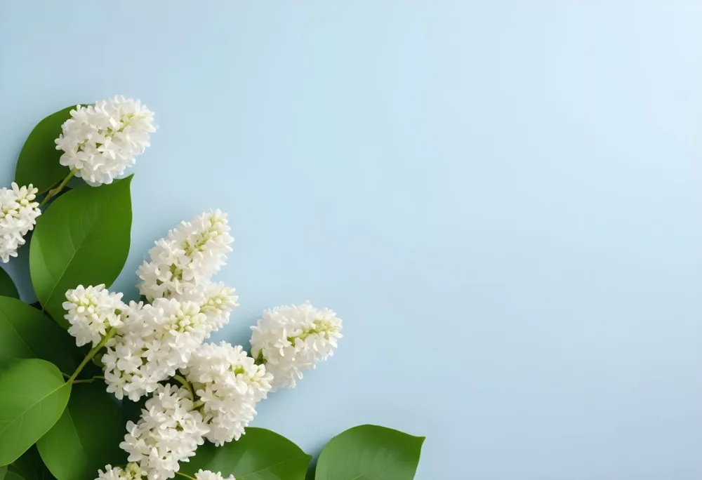 White Lilac Flowers With Green Leaves On A Light Blue Background Top View Soft Lighting Clean Composition Minimalist Style Fresh And Vibrant 40 5b2f