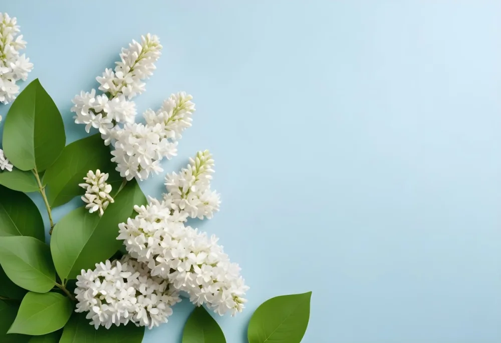 White Lilac Flowers With Green Leaves On A Light Blue Background Top View Soft Lighting Clean Composition Minimalist Style Fresh And Vibrant 43 599d