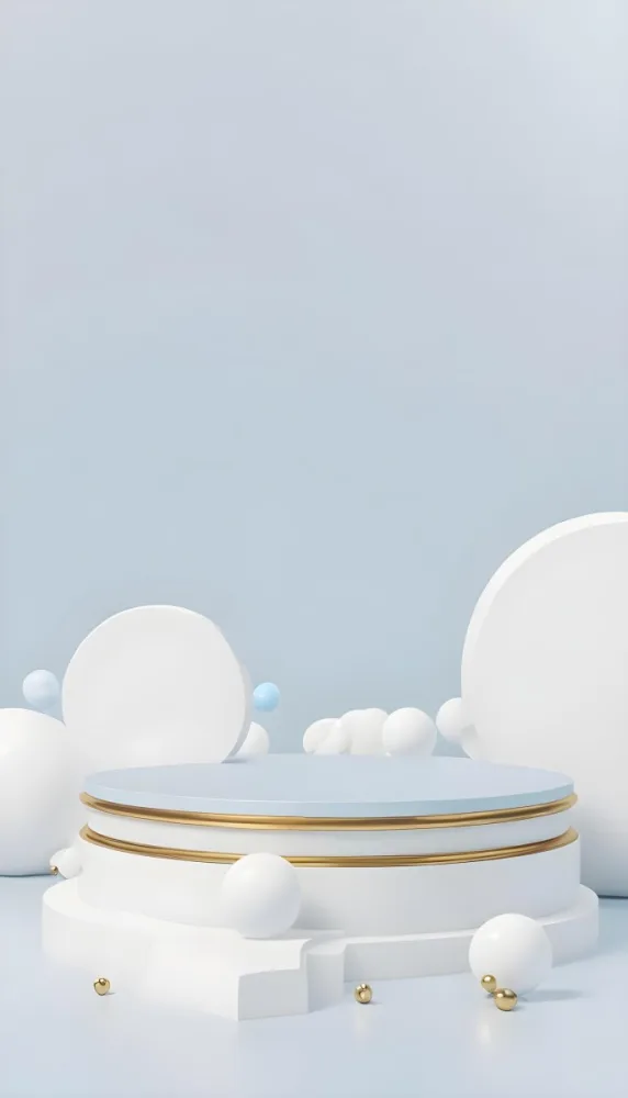 White Spheres On A White Pedestal With A Blue Background 32