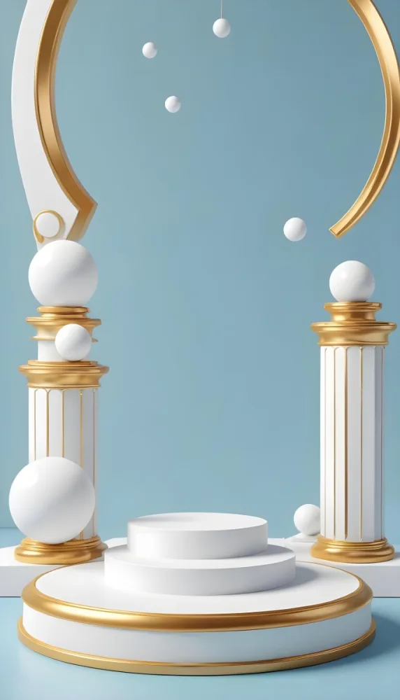 White Spheres On A White Pedestal With A Blue Background 37