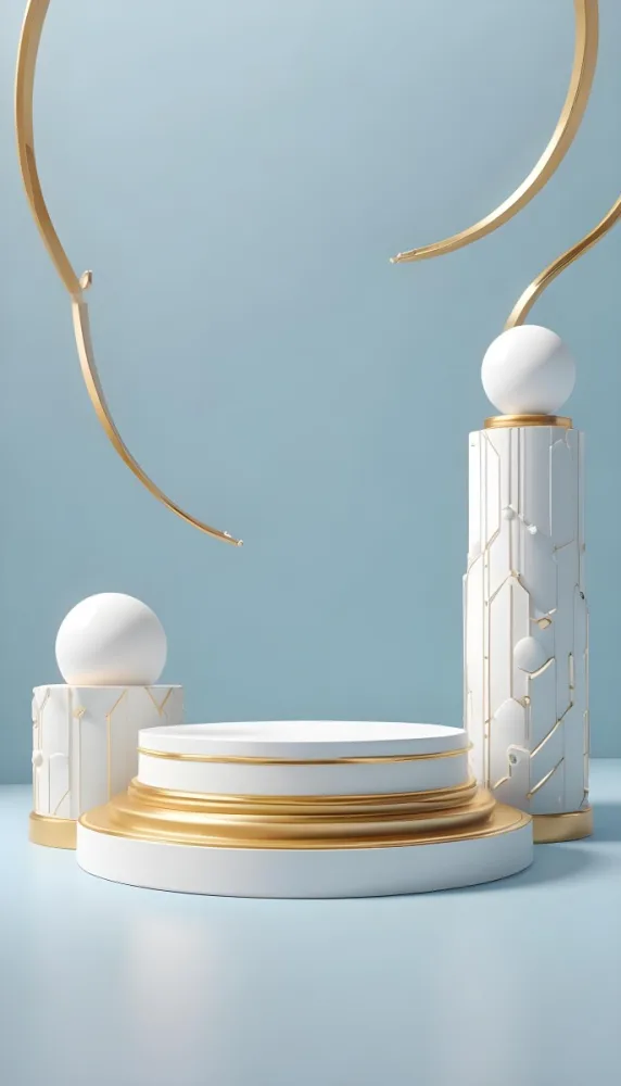 White Spheres On A White Pedestal With A Blue Background 54 5060