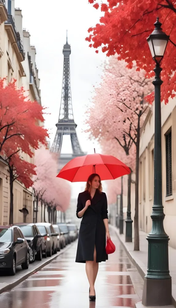 White Woman 30 Years Old With A Red Umbrella In A Paris Street With The Eiffel Tower In The Background 10 836c