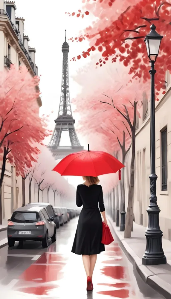 White Woman 30 Years Old With A Red Umbrella In A Paris Street With The Eiffel Tower In The Background 19 99ec