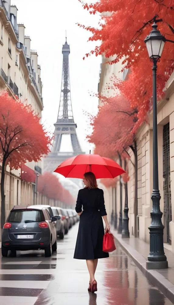 White Woman 30 Years Old With A Red Umbrella In A Paris Street With The Eiffel Tower In The Background 25 6527