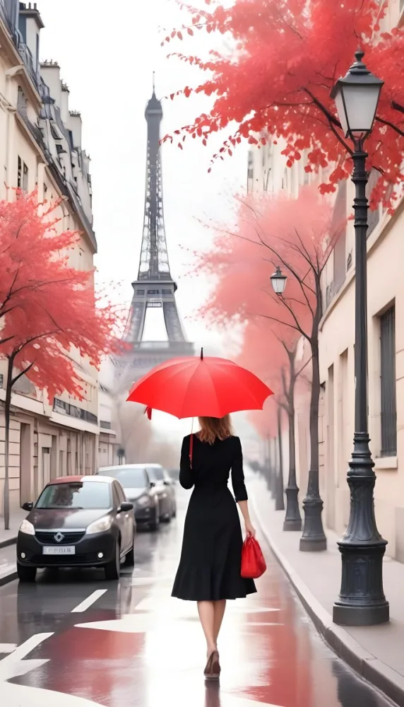 White Woman 30 Years Old With A Red Umbrella In A Paris Street With The Eiffel Tower In The Background 3 227b