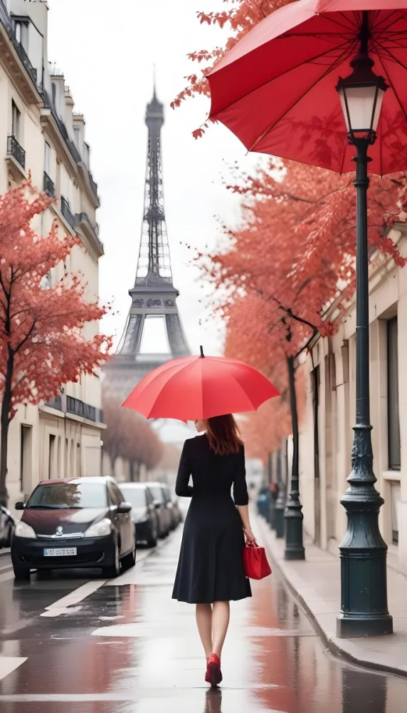 White Woman 30 Years Old With A Red Umbrella In A Paris Street With The Eiffel Tower In The Background 5 Bb9b