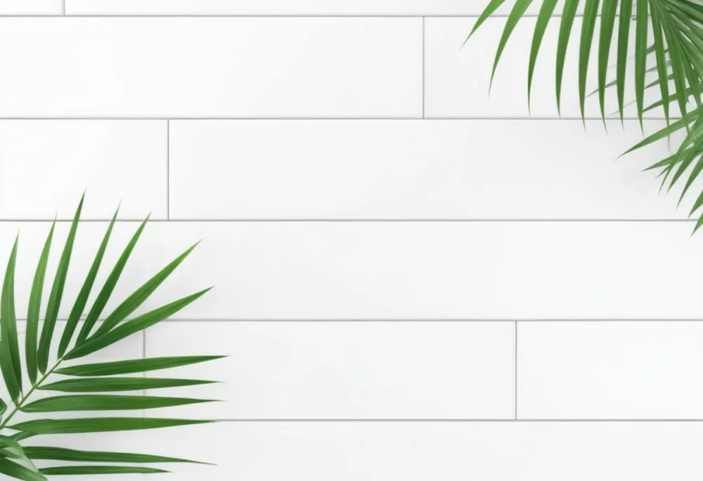 White Wooden Background With Green Palm Leaves In The Corners Clean And Minimalist Design Bright And Airy Tropical Vibe Summer Theme 19 A25b