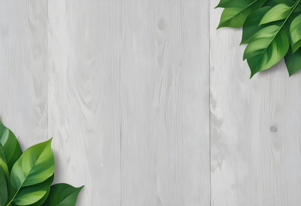 Wood Texture Background With Green Leaves In The Corners Light Gray Color Natural Light Minimalist Style Clean And Simple Composition 11 62ba