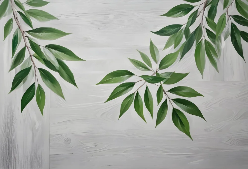 Wood Texture Background With Green Leaves In The Corners Light Gray Color Natural Light Minimalist Style Clean And Simple Composition 15 3af3