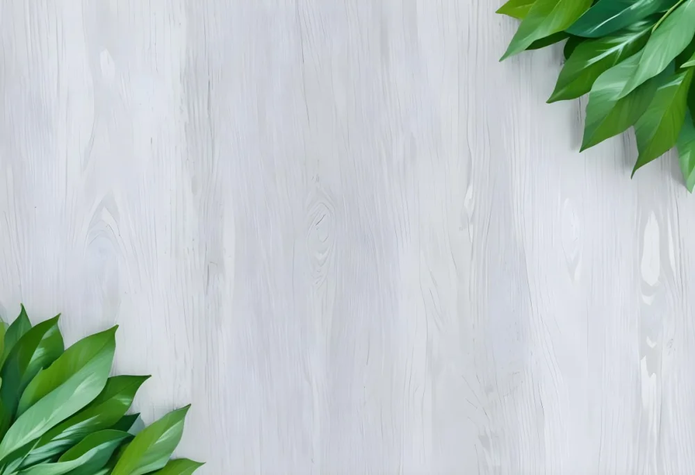 Wood Texture Background With Green Leaves In The Corners Light Gray Color Natural Light Minimalist Style Clean And Simple Composition 19 Cb76