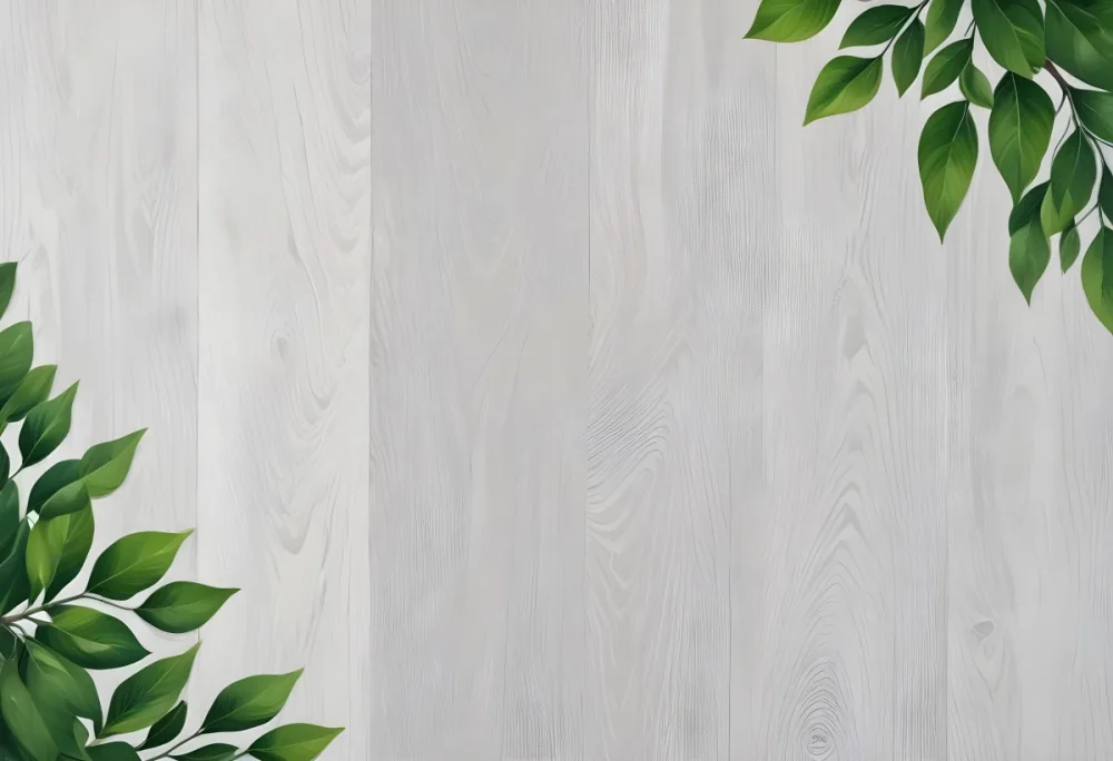 Wood Texture Background With Green Leaves In The Corners Light Gray Color Natural Light Minimalist Style Clean And Simple Composition 2 Eb88