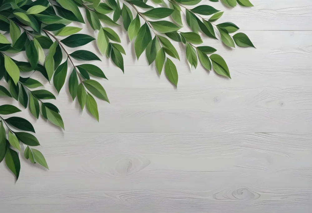 Wood Texture Background With Green Leaves In The Corners Light Gray Color Natural Light Minimalist Style Clean And Simple Composition 21 D74a
