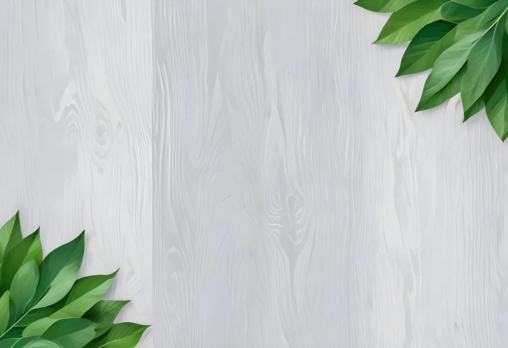 Wood Texture Background With Green Leaves In The Corners Light Gray Color Natural Light Minimalist Style Clean And Simple Composition 22 A0d8