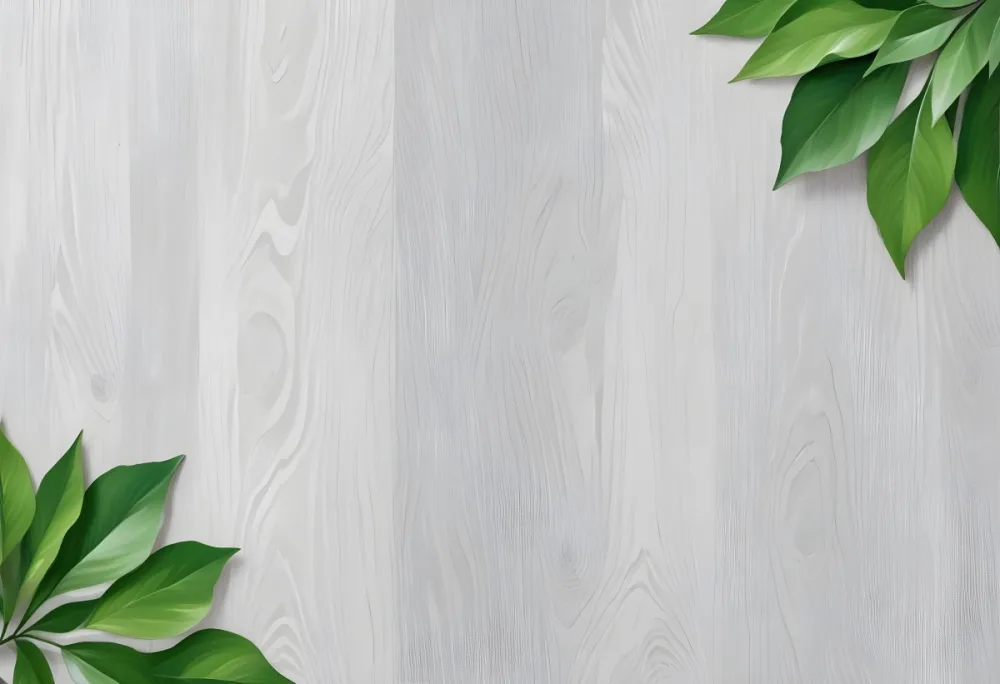 Wood Texture Background With Green Leaves In The Corners Light Gray Color Natural Light Minimalist Style Clean And Simple Composition 25 7bcb