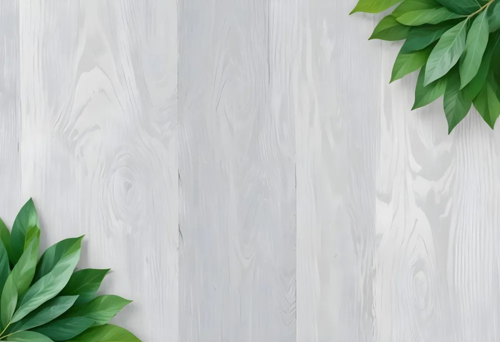 Wood Texture Background With Green Leaves In The Corners Light Gray Color Natural Light Minimalist Style Clean And Simple Composition 3 255e