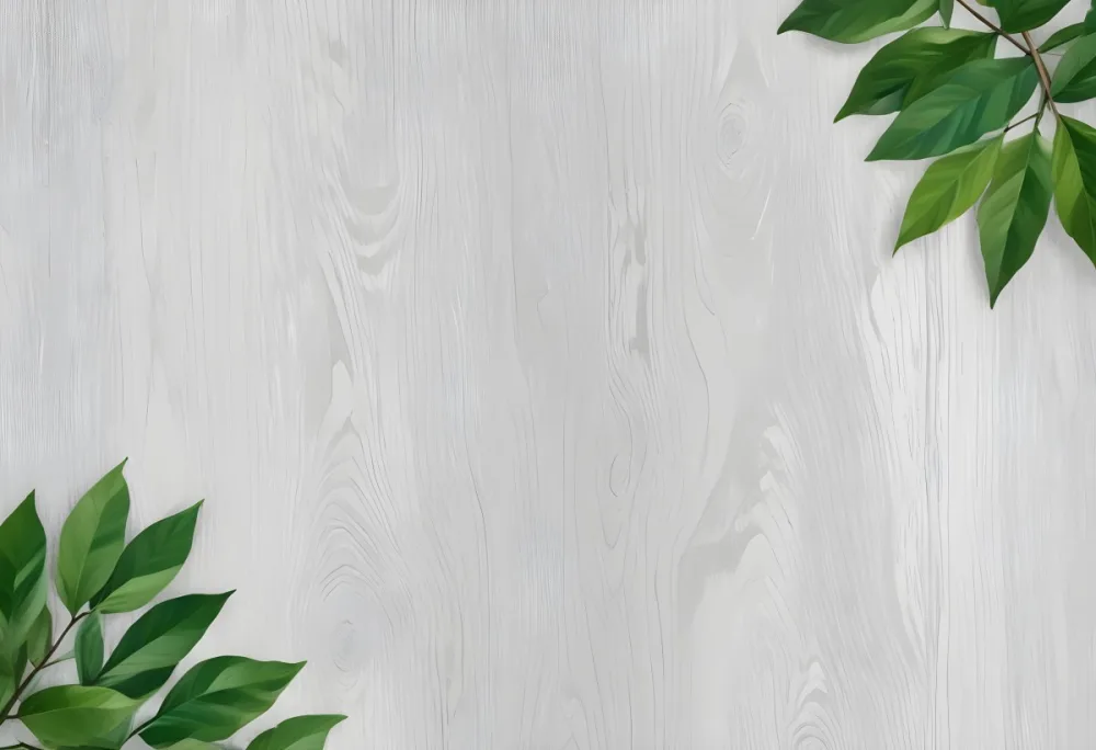 Wood Texture Background With Green Leaves In The Corners Light Gray Color Natural Light Minimalist Style Clean And Simple Composition 4 D1fe