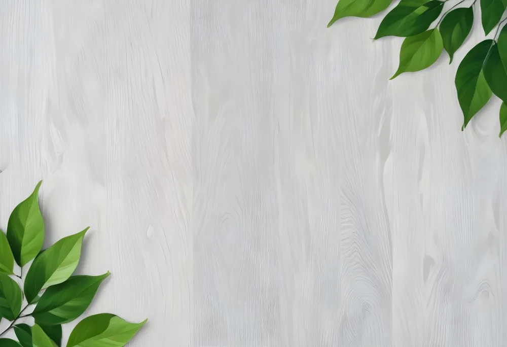 Wood Texture Background With Green Leaves In The Corners Light Gray Color Natural Light Minimalist Style Clean And Simple Composition 5 00b0