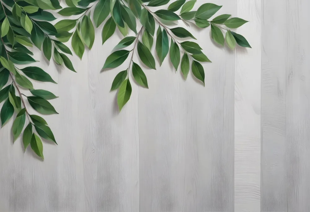 Wood Texture Background With Green Leaves In The Corners Light Gray Color Natural Light Minimalist Style Clean And Simple Composition 8 4f31