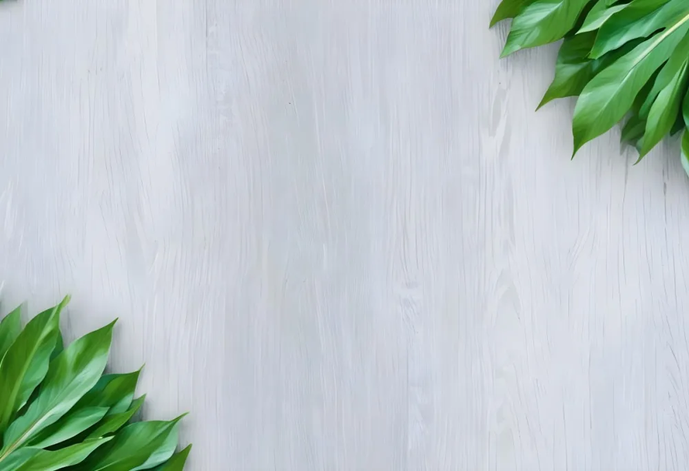 Wood Texture Background With Green Leaves In The Corners Light Gray Color Natural Light Minimalist Style Clean And Simple Composition 9 Ceaf