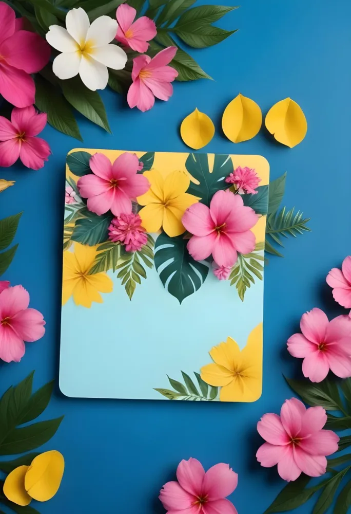 Yellow Card With Pink Flowers And Blue Leaves On A Blue Background Flat Lay Vibrant Colors Tropical Theme Summer Vibe Nature Inspired Fresh And Bright 14 5730