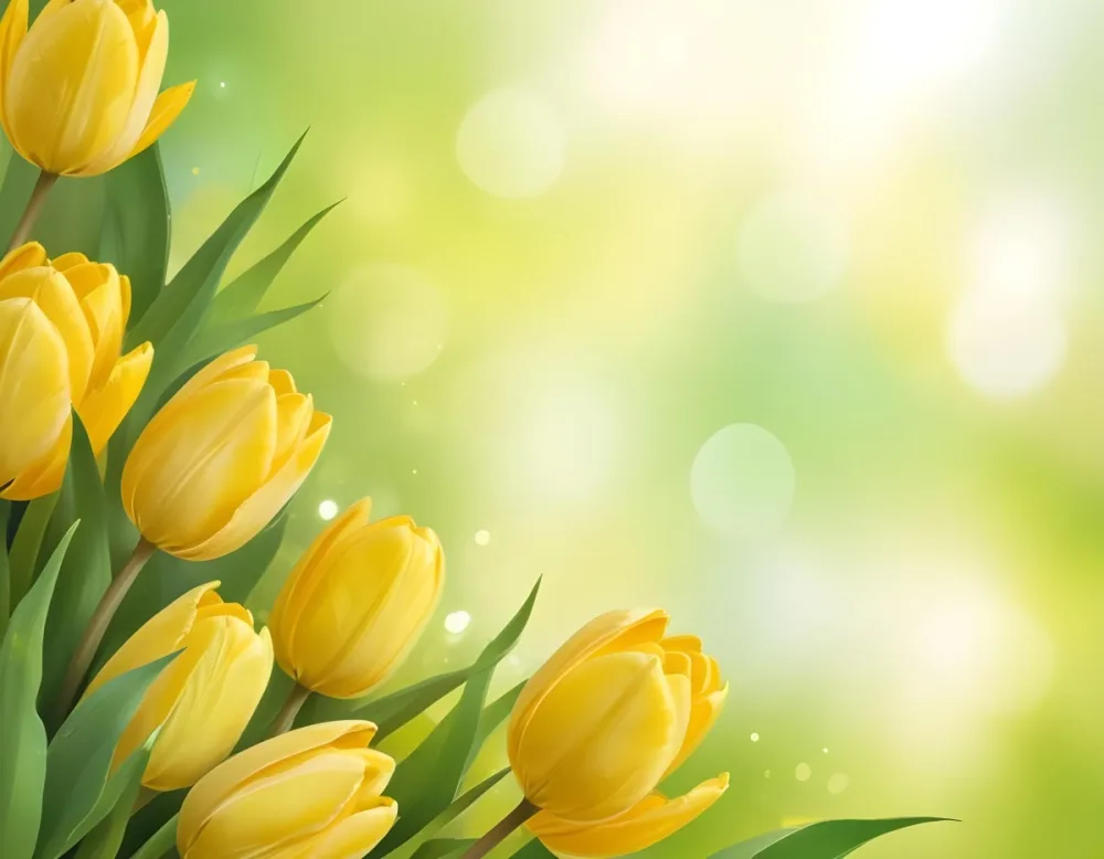 Yellow Tulips With Green Leaves In The Right Corner Bokeh Effect Bright Light In The Upper Right Corner Spring Background 7 8355
