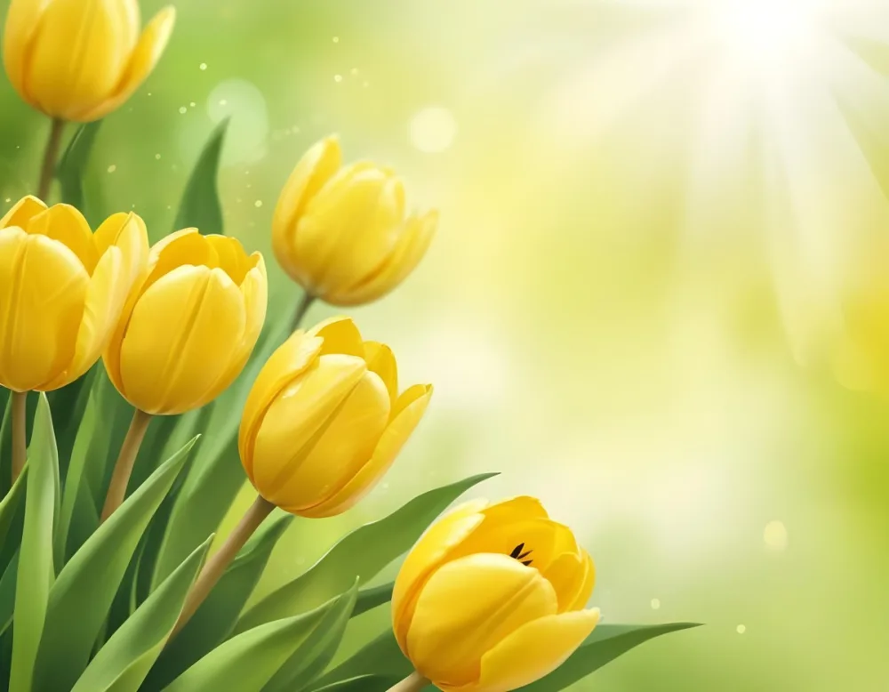 Yellow Tulips With Green Leaves In The Right Corner Bokeh Effect Bright Light In The Upper Right Corner Spring Background 70 1024