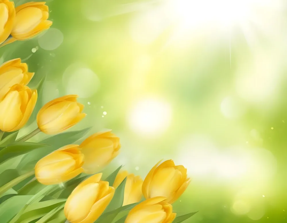 Yellow Tulips With Green Leaves In The Right Corner Bokeh Effect Bright Light In The Upper Right Corner Spring Background 73 D7b6
