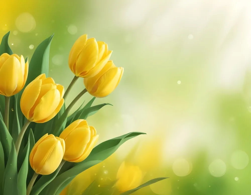 Yellow Tulips With Green Leaves In The Right Corner Bokeh Effect Bright Light In The Upper Right Corner Spring Background 74 D8fb