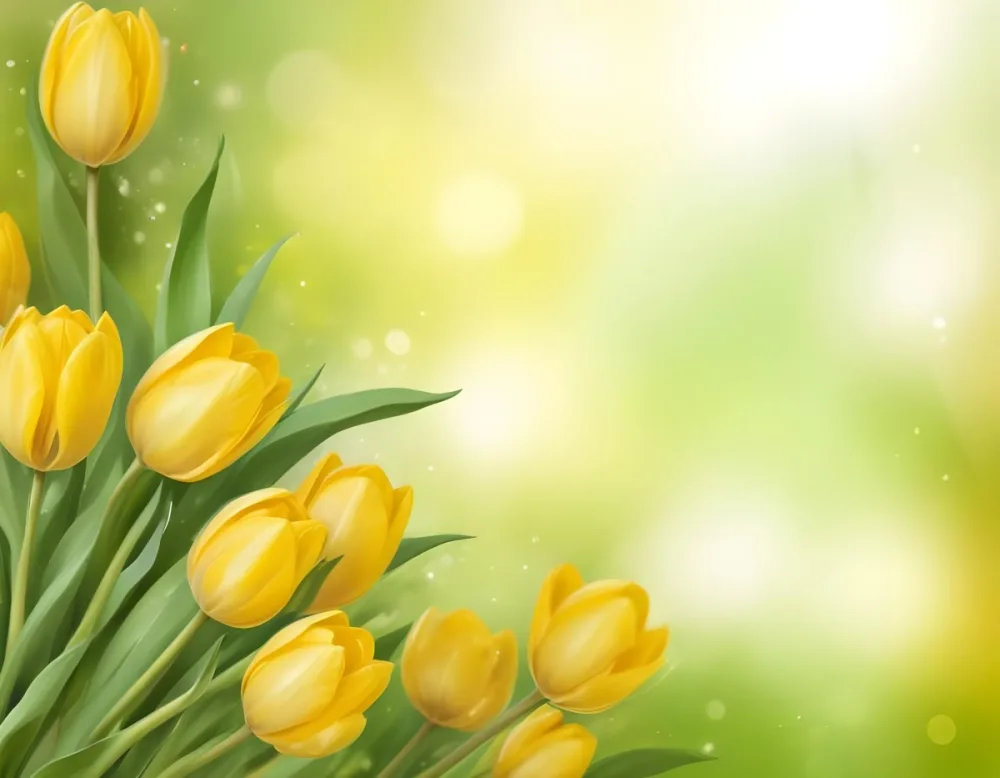 Yellow Tulips With Green Leaves In The Right Corner Bokeh Effect Bright Light In The Upper Right Corner Spring Background 75 Ca5d