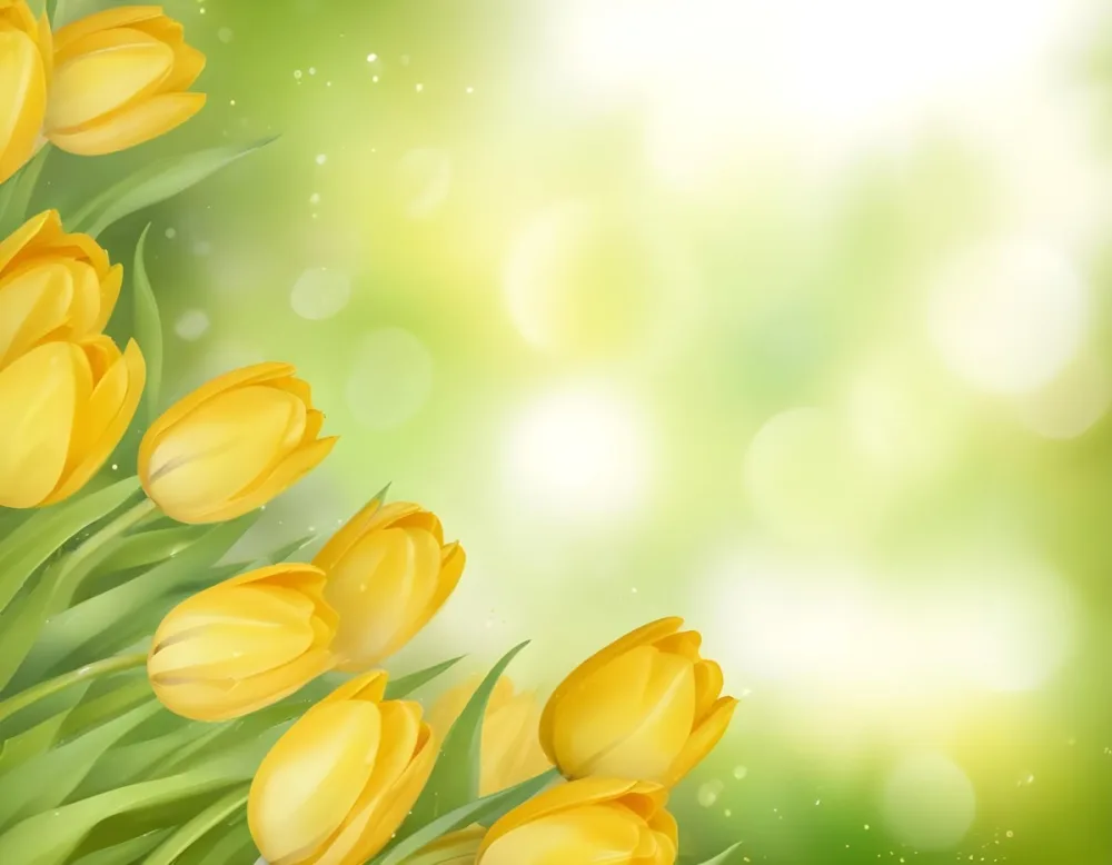 Yellow Tulips With Green Leaves In The Right Corner Bokeh Effect Bright Light In The Upper Right Corner Spring Background 78 7679