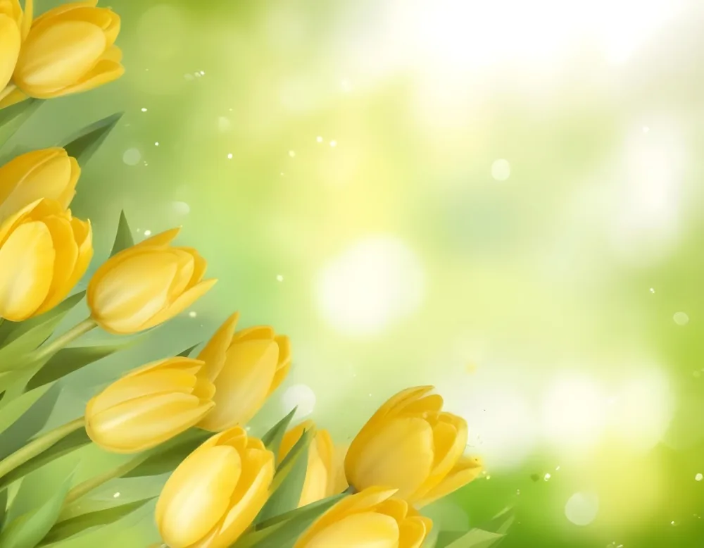 Yellow Tulips With Green Leaves In The Right Corner Bokeh Effect Bright Light In The Upper Right Corner Spring Background 79 Fde2