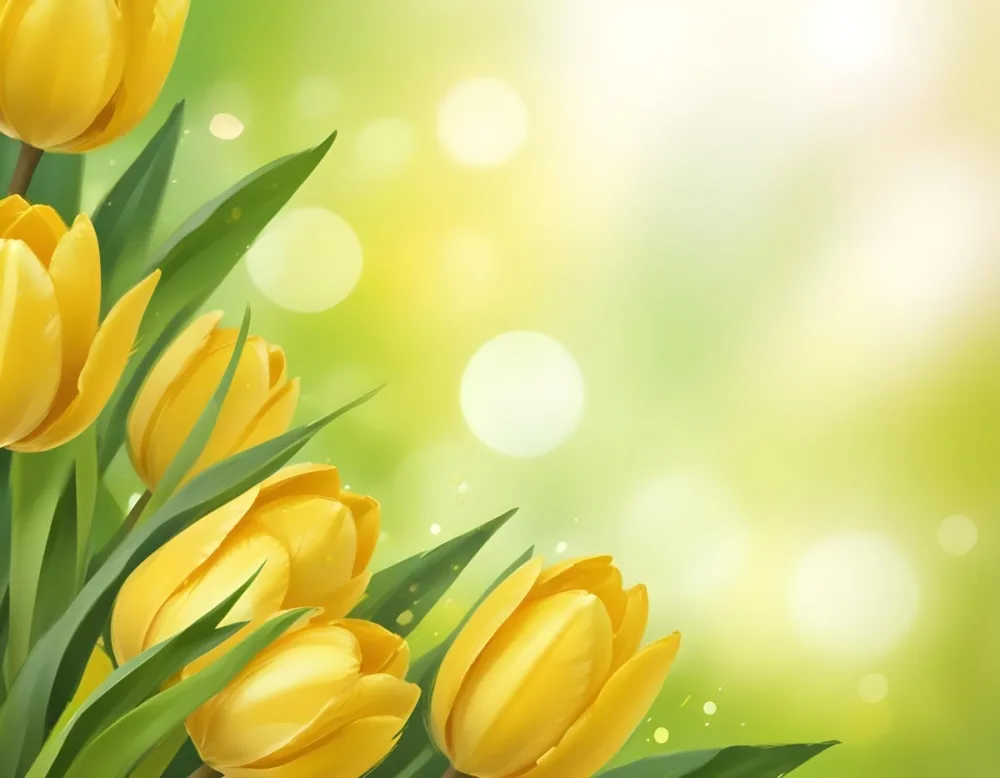 Yellow Tulips With Green Leaves In The Right Corner Bokeh Effect Bright Light In The Upper Right Corner Spring Background 87 C8b6