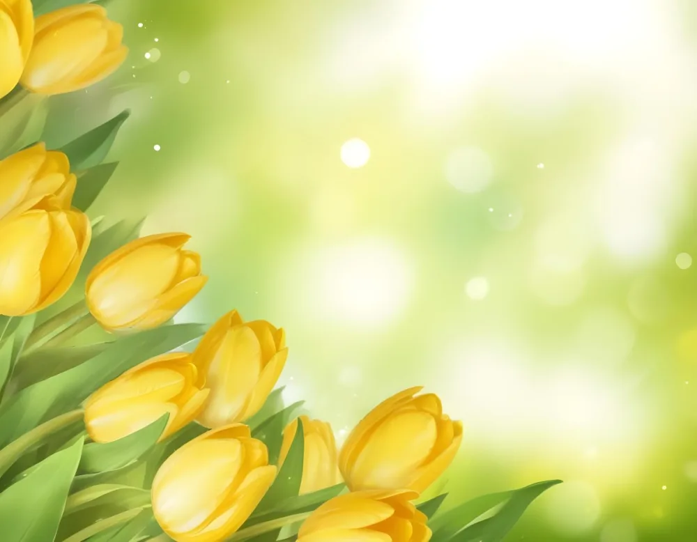 Yellow Tulips With Green Leaves In The Right Corner Bokeh Effect Bright Light In The Upper Right Corner Spring Background 88 A3bb