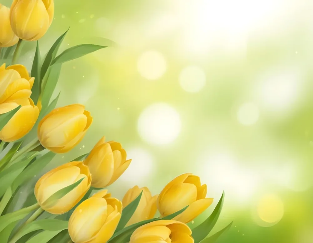 Yellow Tulips With Green Leaves In The Right Corner Bokeh Effect Bright Light In The Upper Right Corner Spring Background 89 41dd