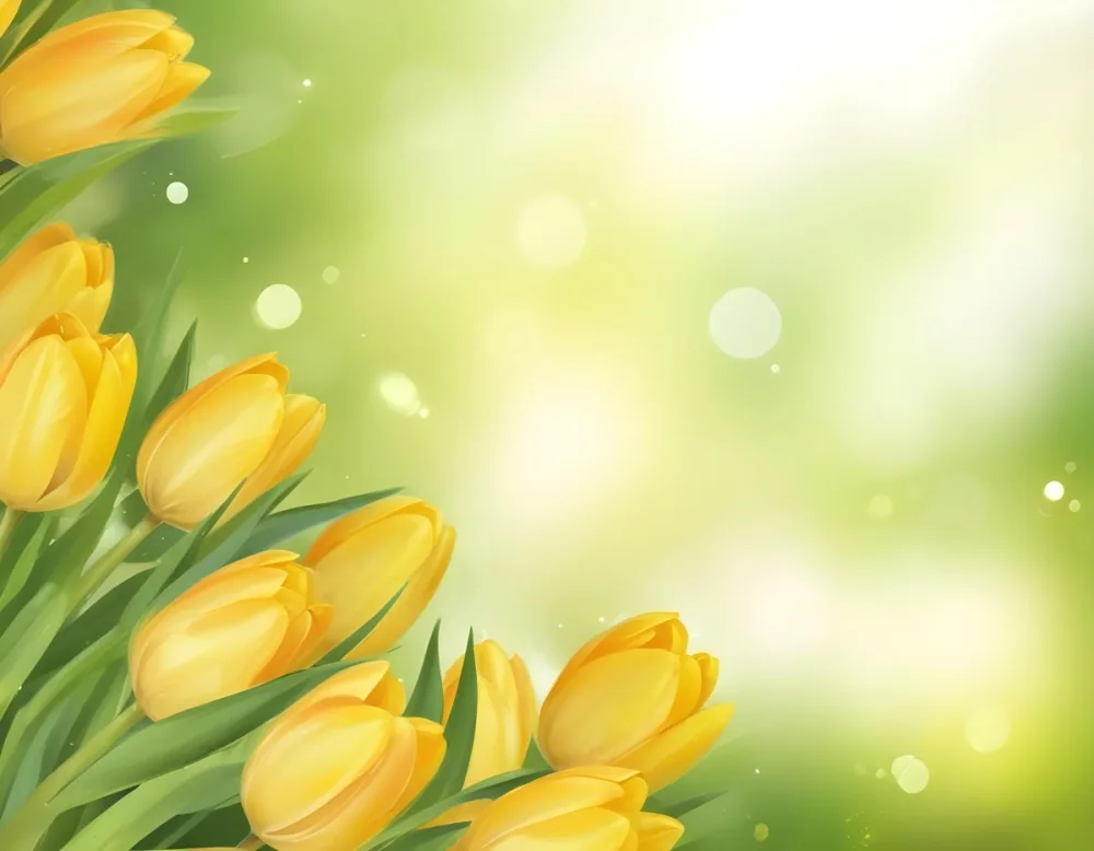 Yellow Tulips With Green Leaves In The Right Corner Bokeh Effect Bright Light In The Upper Right Corner Spring Background 90 F011