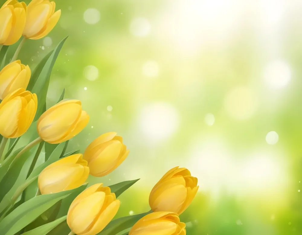 Yellow Tulips With Green Leaves In The Right Corner Bokeh Effect Bright Light In The Upper Right Corner Spring Background 91 Ab5b