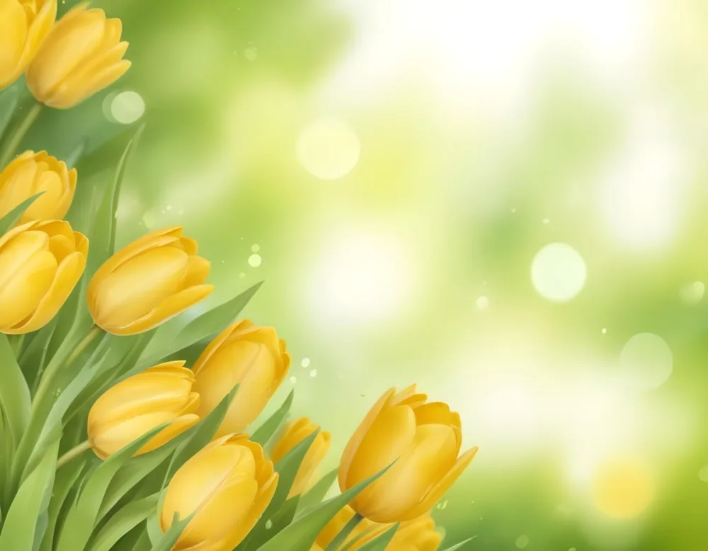 Yellow Tulips With Green Leaves In The Right Corner Bokeh Effect Bright Light In The Upper Right Corner Spring Background 93 7f14