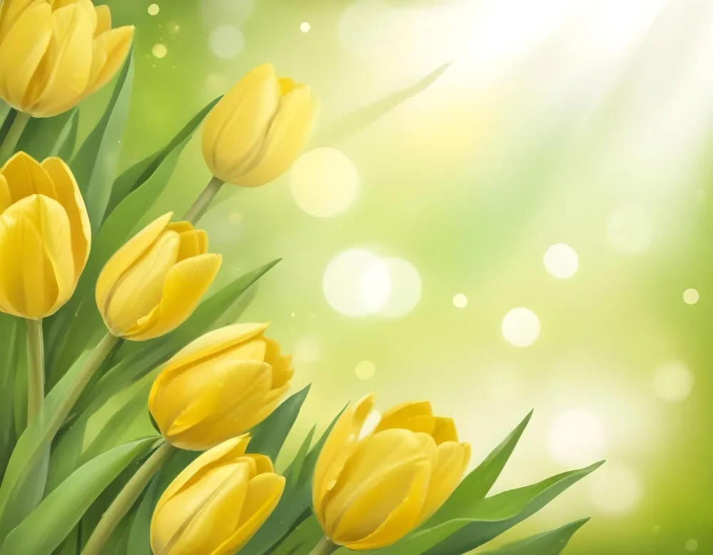 Yellow Tulips With Green Leaves In The Right Corner Bokeh Effect Bright Light In The Upper Right Corner Spring Background 95 6158
