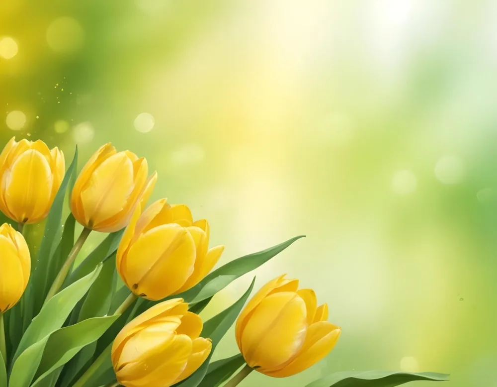 Yellow Tulips With Green Leaves In The Right Corner Bokeh Effect Bright Light In The Upper Right Corner Spring Background 98 Ca19