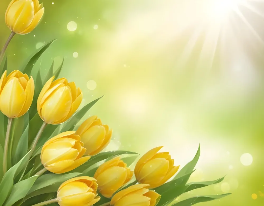 Yellow Tulips With Green Leaves In The Right Corner Bokeh Effect Bright Light In The Upper Right Corner Spring Background 99 C2f7